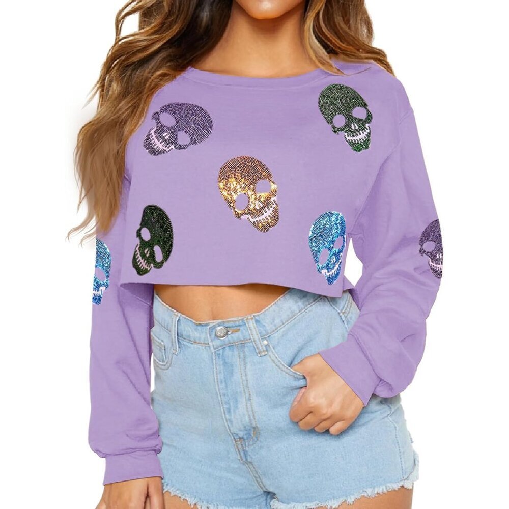 Women Halloween Sequin Cropped Sweatshirt Long Sleeve Cute Festive Top XS-L